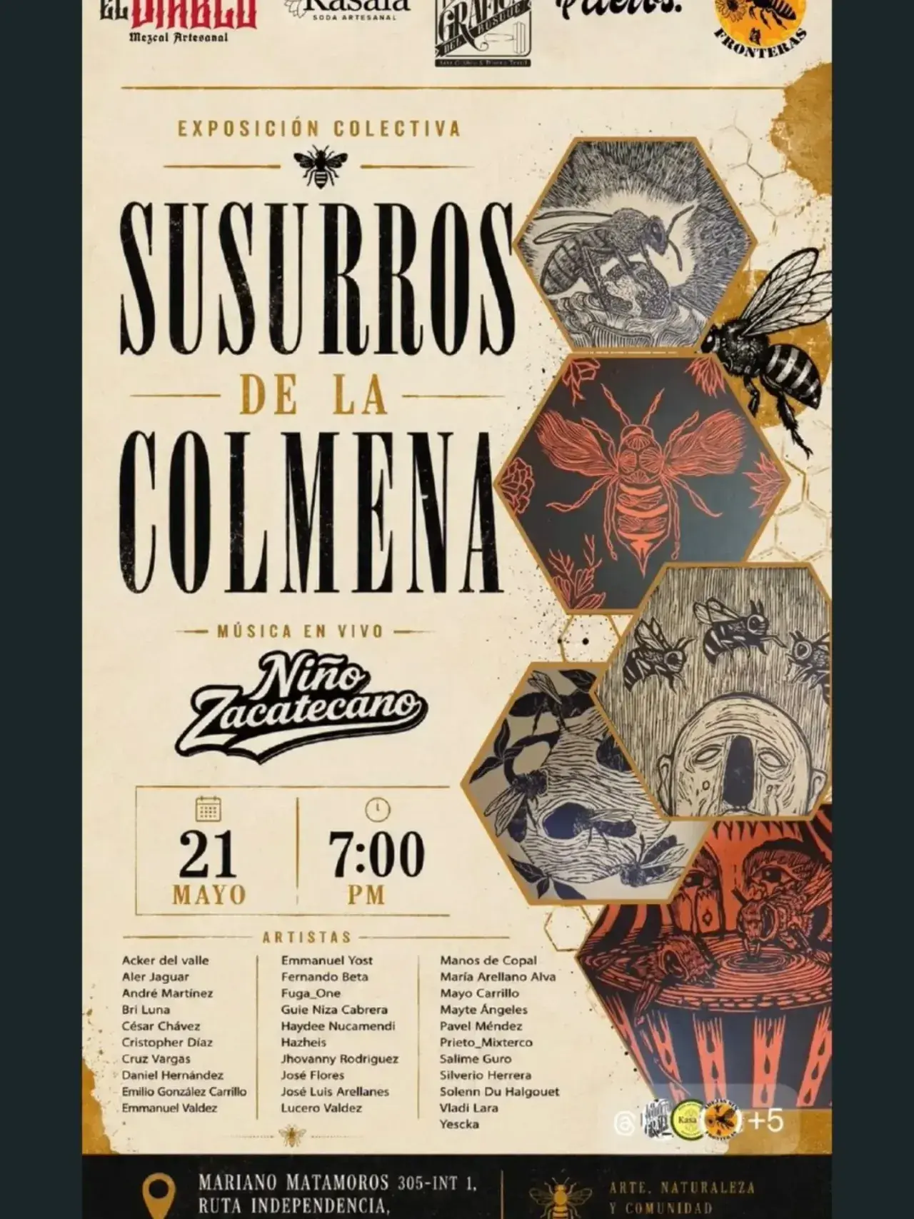 Flyer del evento: Exposición Colectiva Susurros de la Colmena
