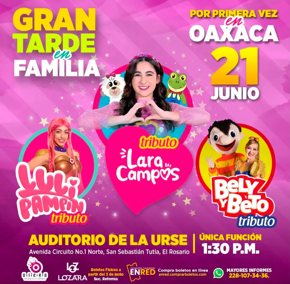 Flyer del evento: Gran Tarde en Familia con Tributos a Lara Campos, Luli Pampín y Bely y Beto