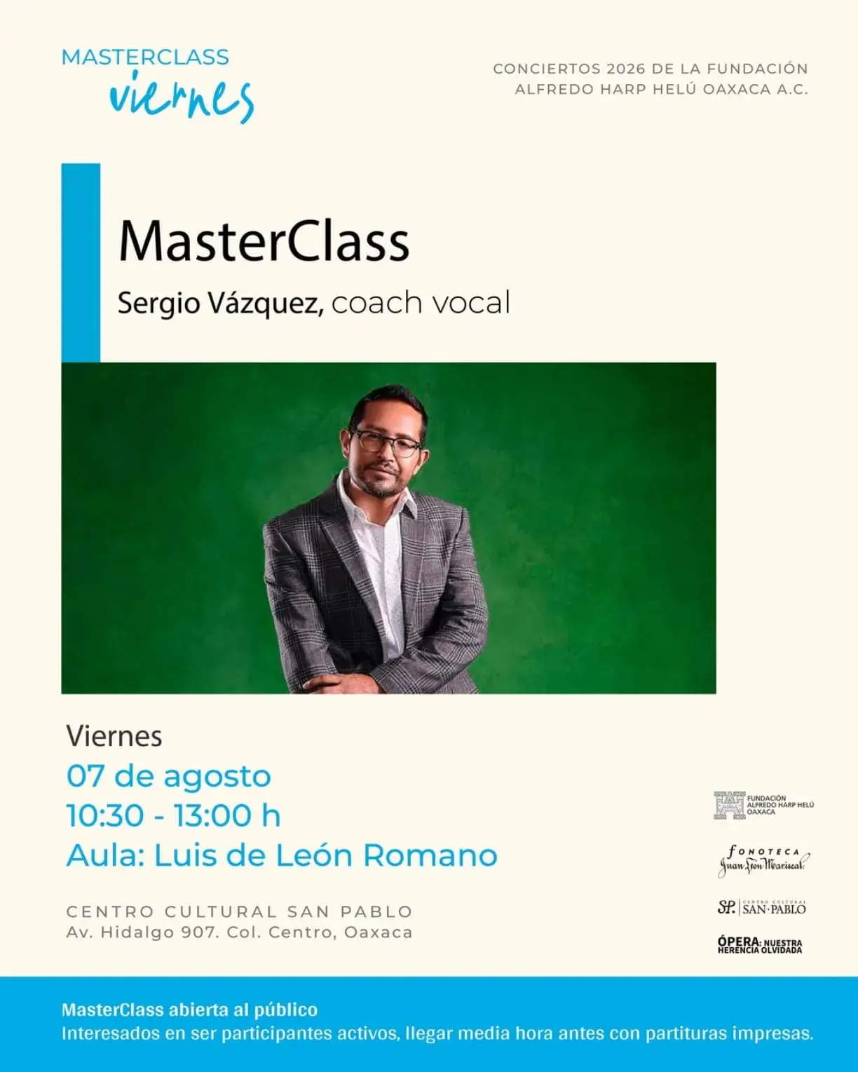 Flyer del evento: MasterClass Sergio Vázquez, coach vocal