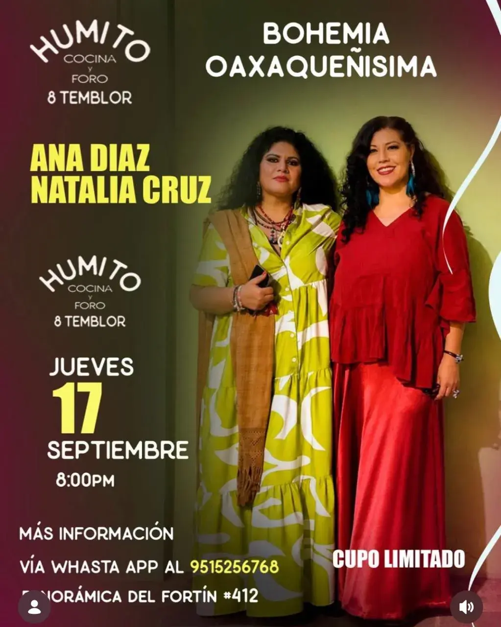 Flyer del evento: Bohemia Oaxaqueñísima con Ana Diaz y Natalia Cruz