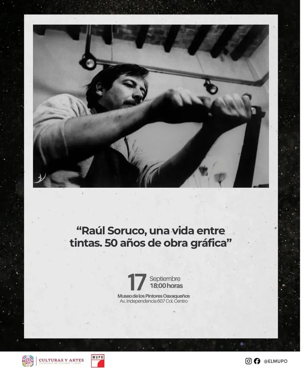 Flyer del evento: Raúl Soruco, una vida entre tintas. 50 años de obra gráfica