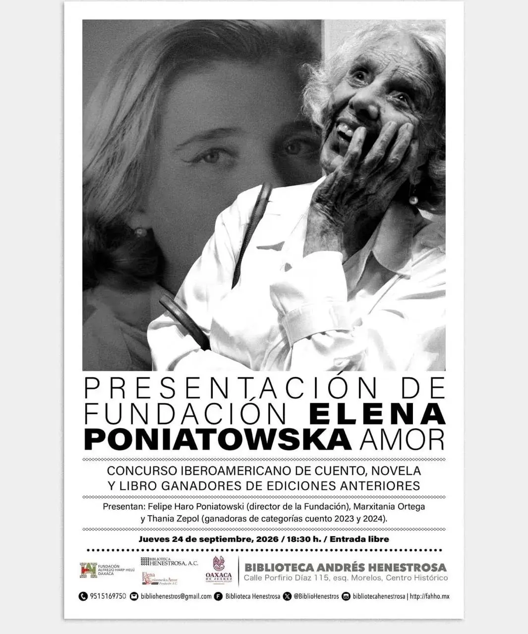 Flyer del evento: Presentación Fundación Elena Poniatowska Amor y Ganadores de Concurso Iberoamericano