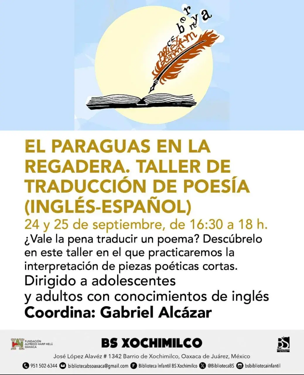 Flyer del evento: El Paraguas en la Regadera. Taller de Traducción de Poesía (Inglés-Español)