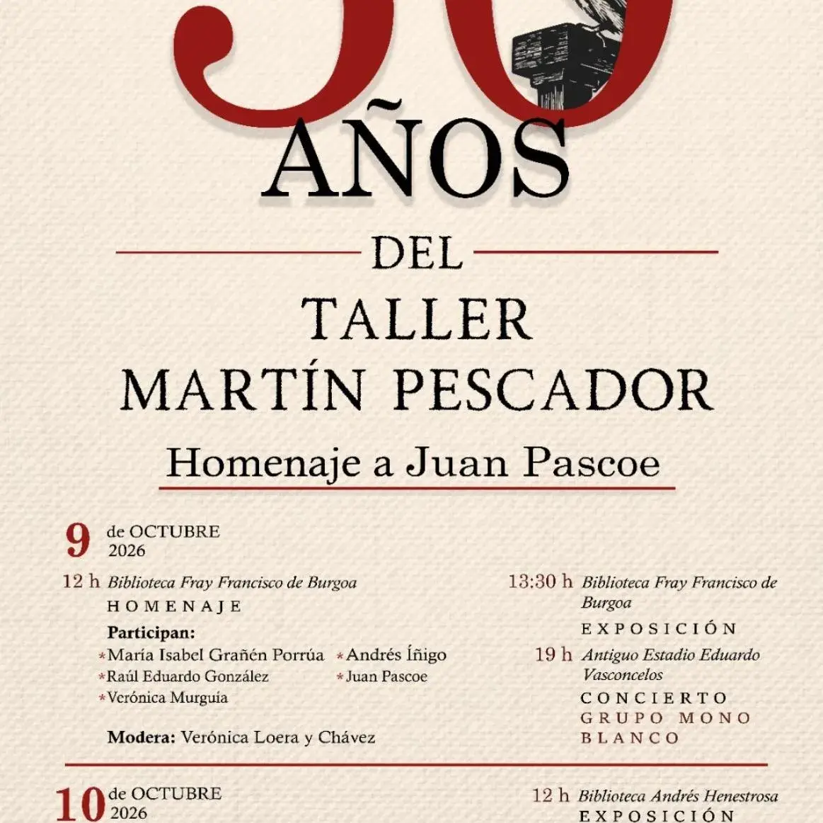 Flyer del evento: 30 Años del Taller Martín Pescador: Homenaje a Juan Pascoe
