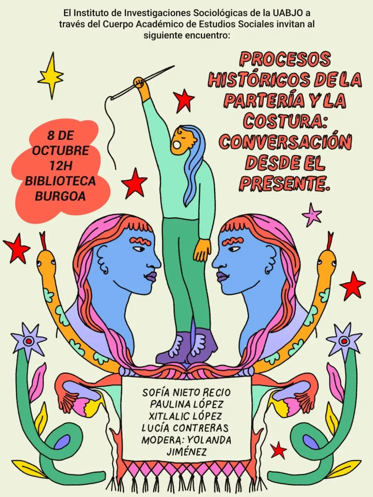Flyer del evento: PROCESOS HISTÓRICOS DE LA PARTERÍA Y LA COSTURA: CONVERSACIÓN DESDE EL PRESENTE.