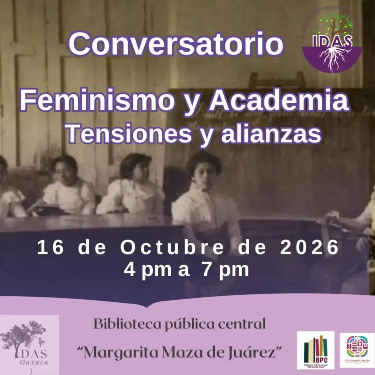 Flyer del evento: Conversatorio Feminismo y Academia: Tensiones y alianzas