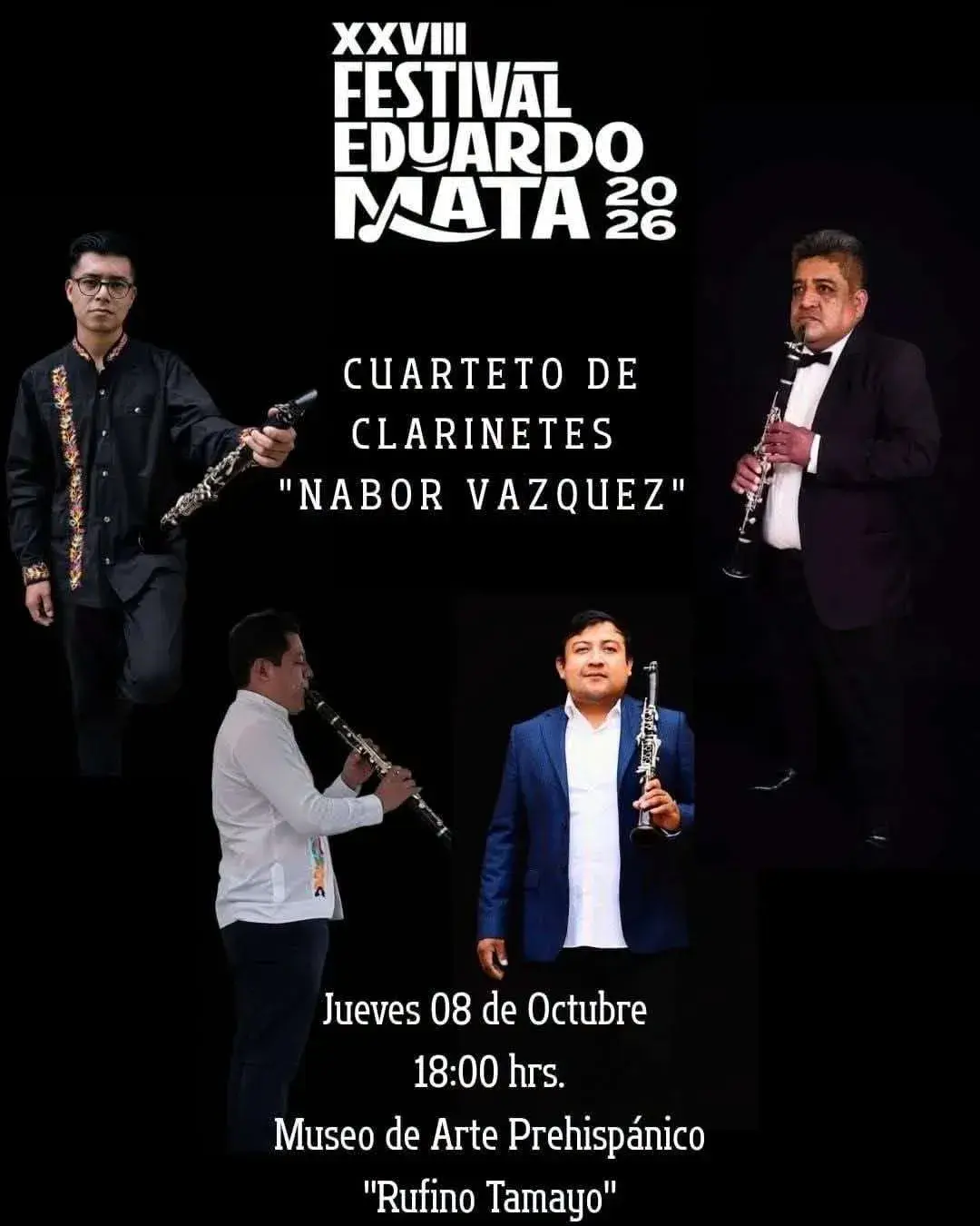 Flyer del evento: Concierto del Cuarteto de Clarinetes "Nabor Vazquez" en el XXVIII Festival Eduardo Mata