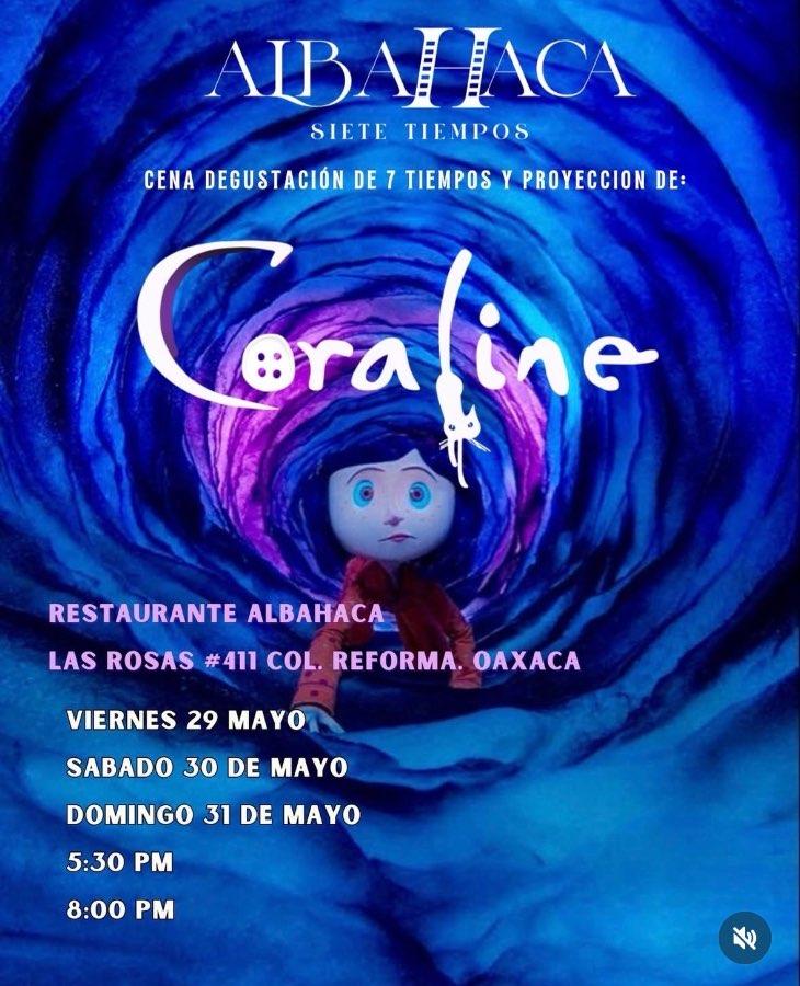 Flyer del evento: Cena Degustación Siete Tiempos y Proyección de Coraline