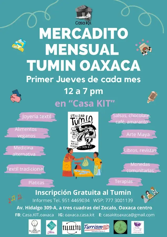 Flyer del evento: "Diálogo entre monedas y dineros alternativos" durante el Mercadito Mensual Tumin Oaxaca
