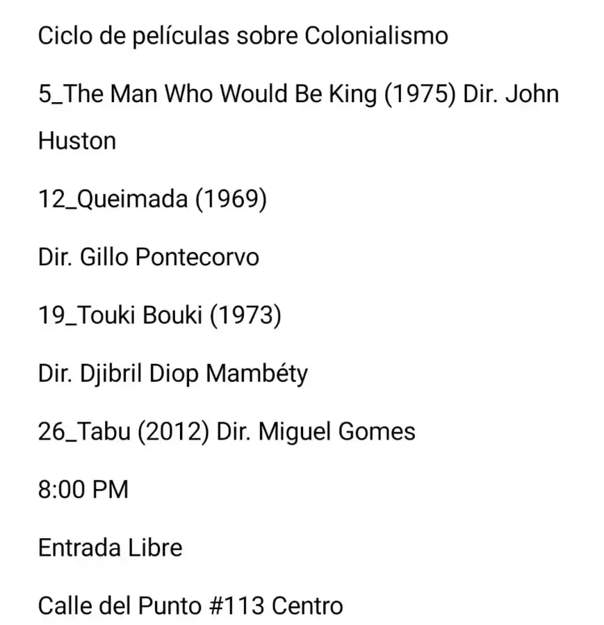 Flyer del evento: Ciclo de películas sobre Colonialismo