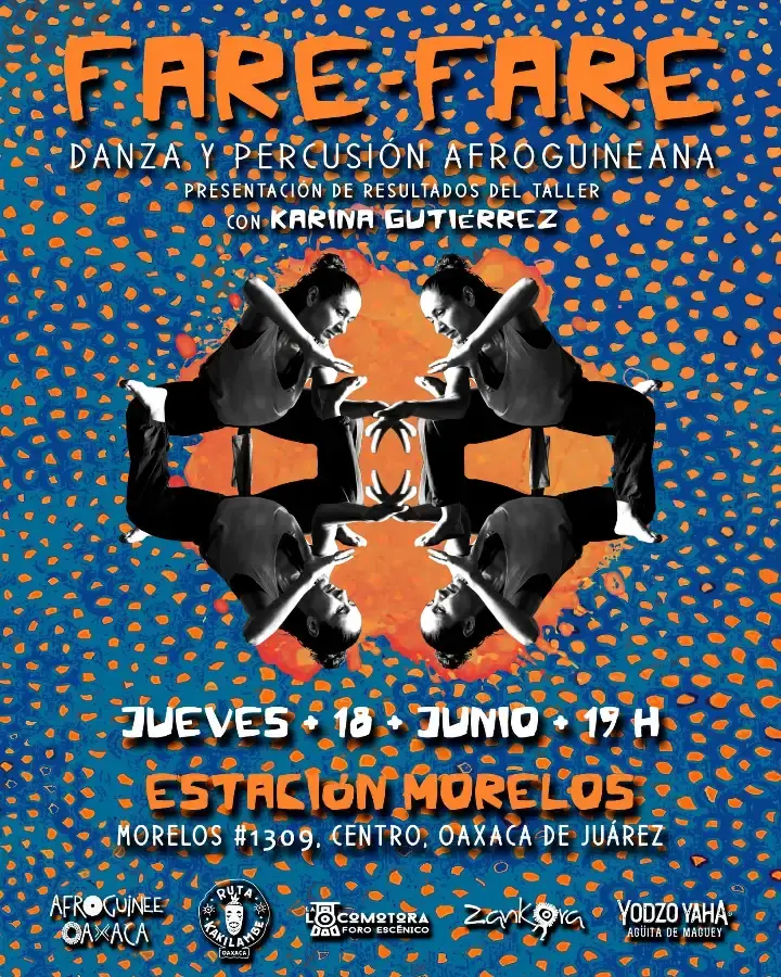 Flyer del evento: FARE-FARE DANZA Y PERCUSIÓN AFROGUINEANA • PRESENTACIÓN DE RESULTADOS DEL TALLER CON KARINA GUTIÉRREZ