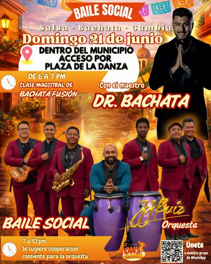 Flyer del evento: BAILE SOCIAL: Salsa, Bachata y Cumbia con Dr. Bachata y J.J. Ruiz Orquesta