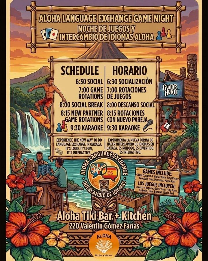 Flyer del evento: Noche de Juegos y Intercambio de Idiomas Aloha