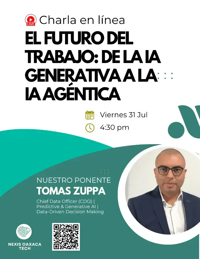 Flyer del evento: Charla en línea: El Futuro del Trabajo: De la IA Generativa a la IA Agéntica
