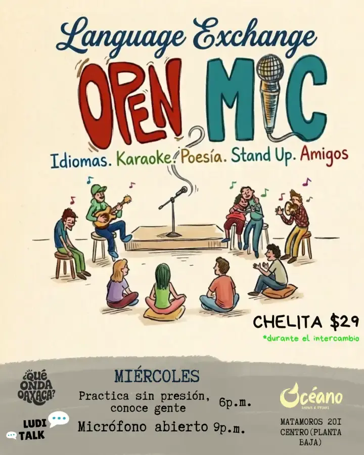 Flyer del evento: Intercambio de Idiomas y Micrófono Abierto