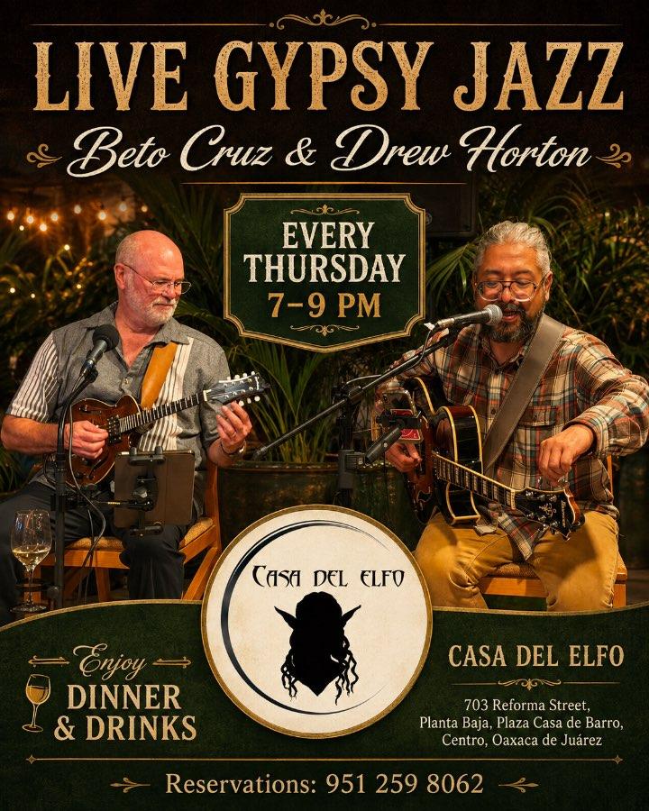 Flyer del evento: Live Gypsy Jazz with Beto Cruz & Drew Horton