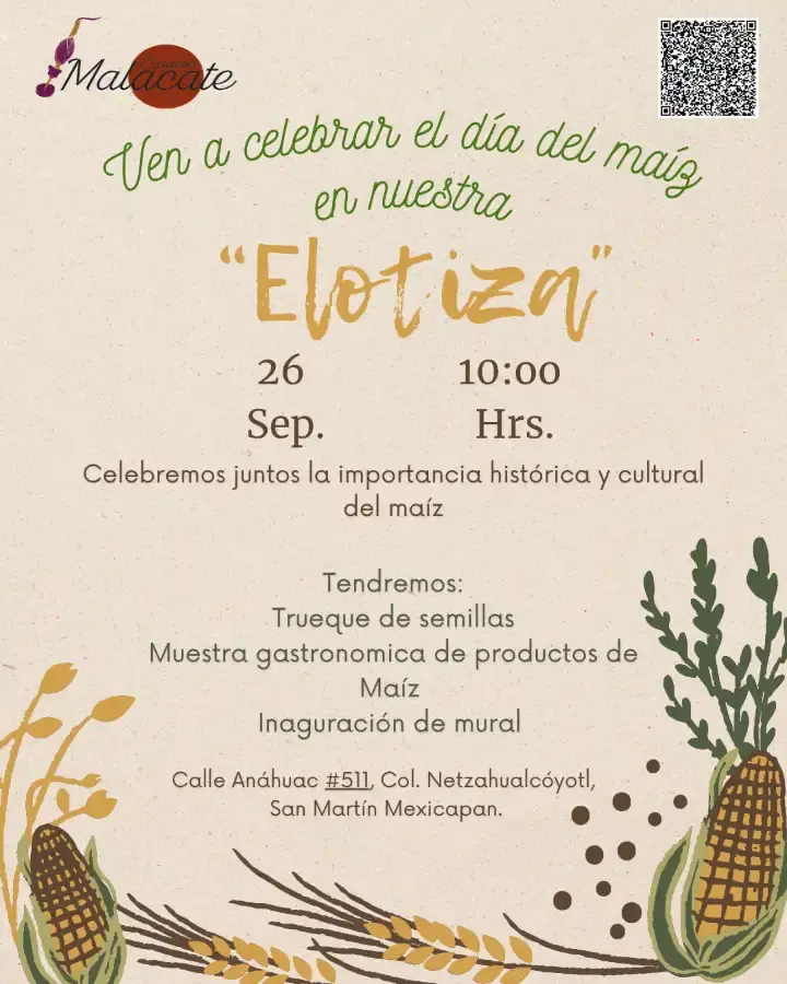 Flyer del evento: Celebración del Día del Maíz: Elotiza