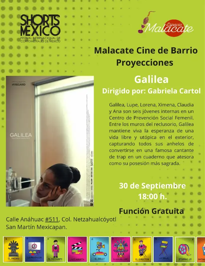Flyer del evento: Malacate Cine de Barrio Proyecciones Galilea