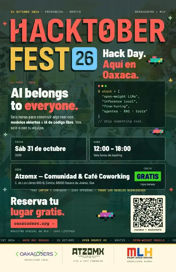 Flyer del evento: HACKTOBERFEST 26 Hack Day. Aquí en Oaxaca.