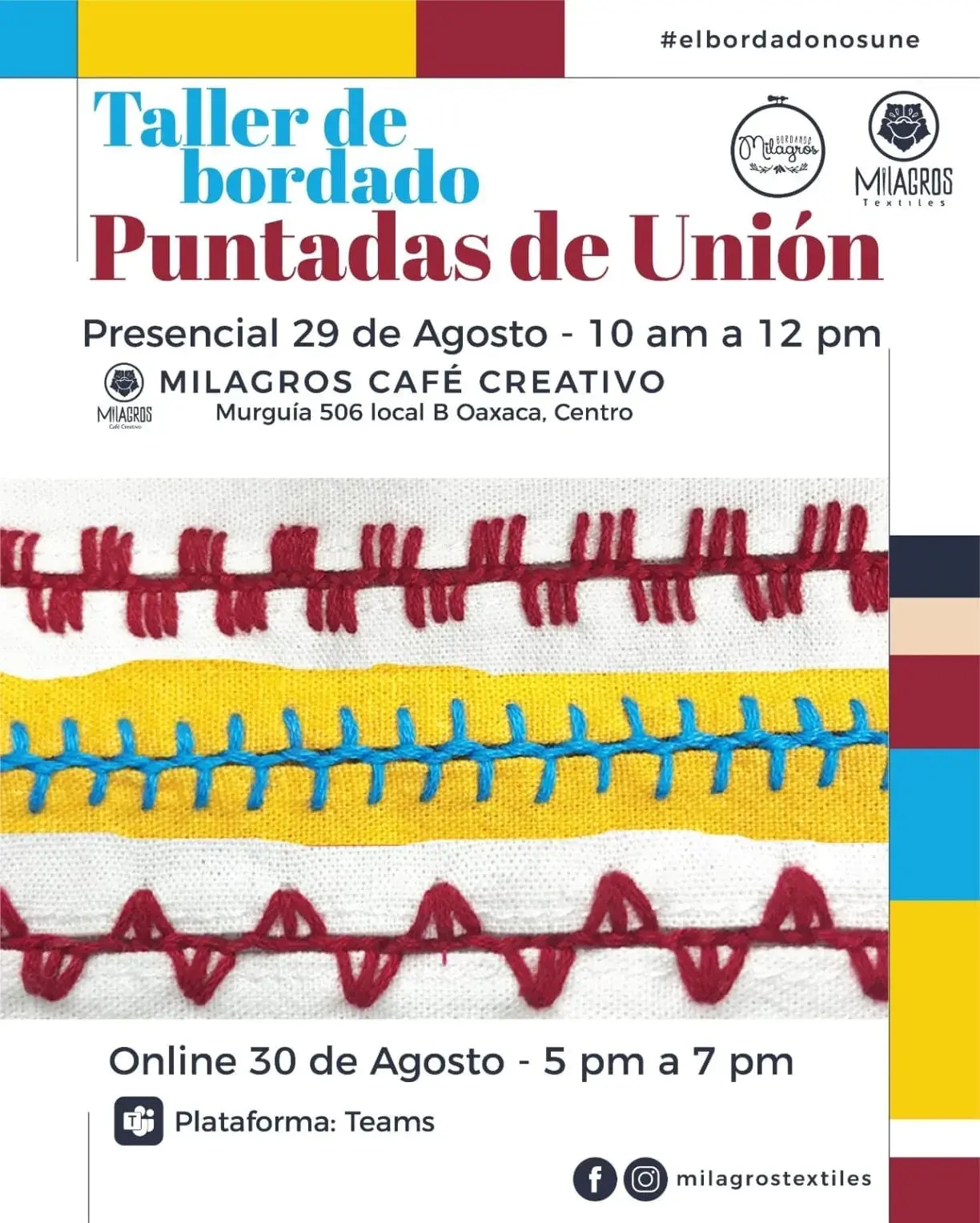 Flyer del evento: Taller de bordado Puntadas de Unión