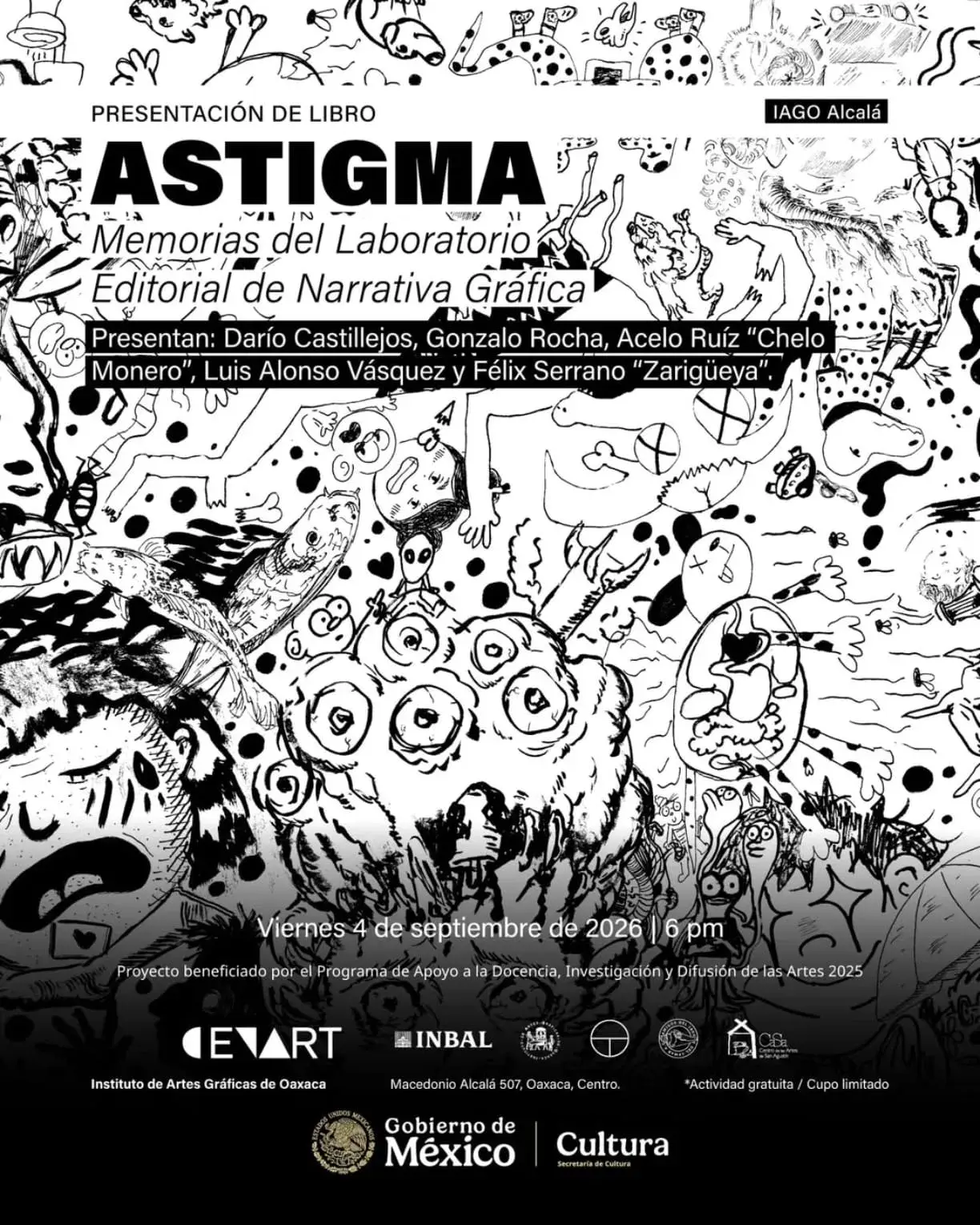 Flyer del evento: Presentación de libro: ASTIGMA. Memorias del Laboratorio Editorial de Narrativa Gráfica