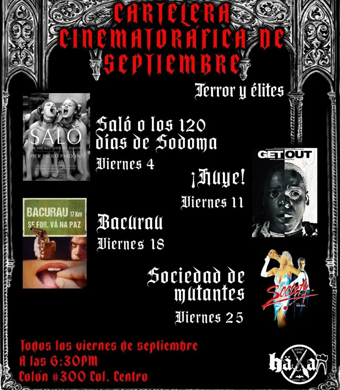 Flyer del evento: Cartelera Cinematográfica de Septiembre: Terror y Élites