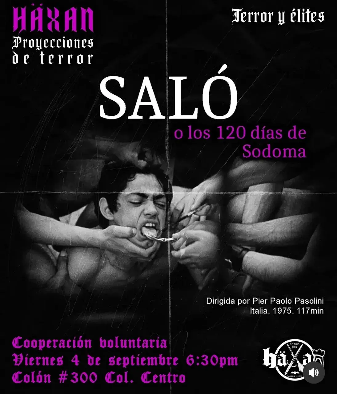 Flyer del evento: HÄXAN Proyecciones de Terror: Saló o los 120 días de Sodoma