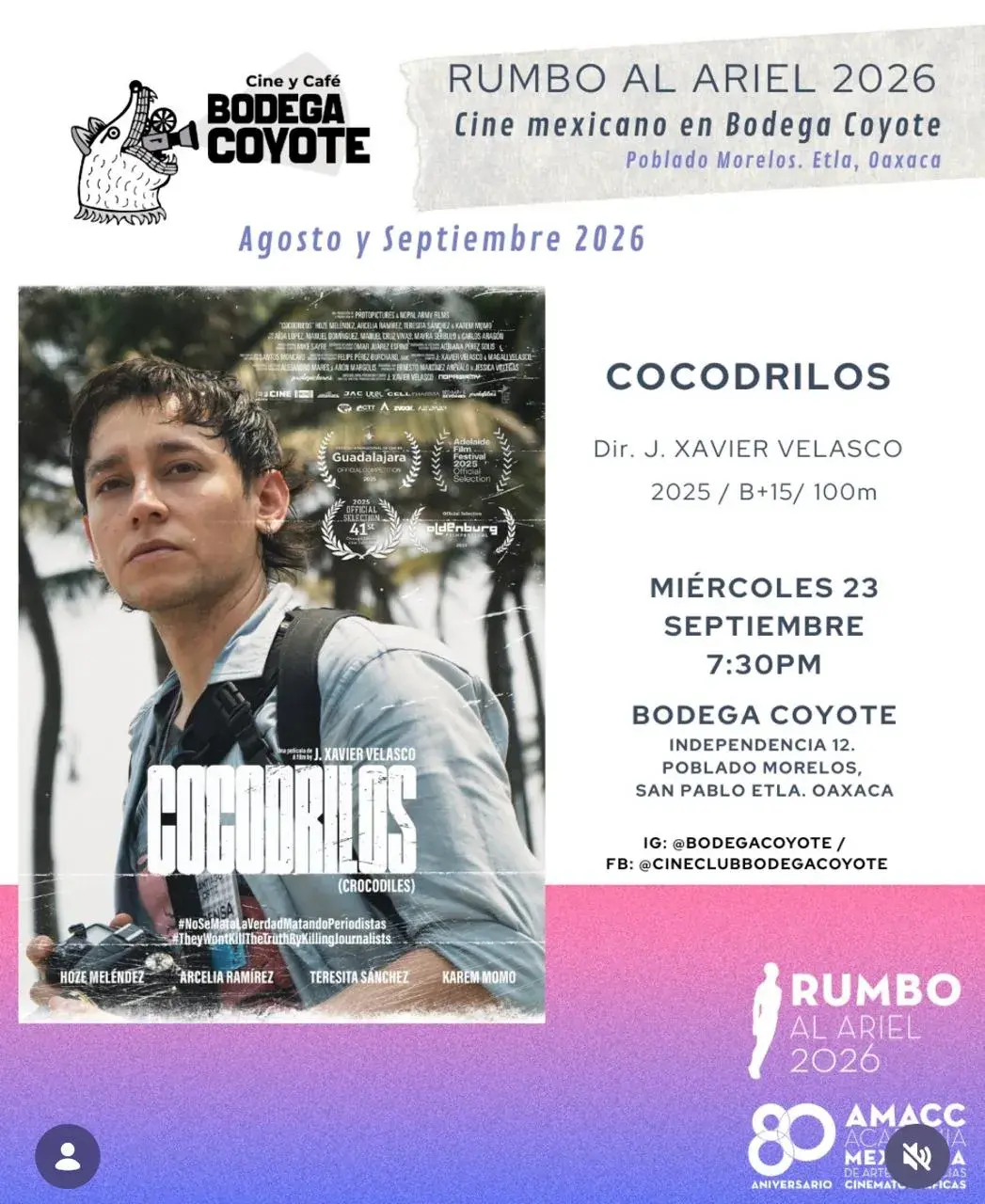 Flyer del evento: Rumbo al Ariel 2026: Proyección de Cocodrilos