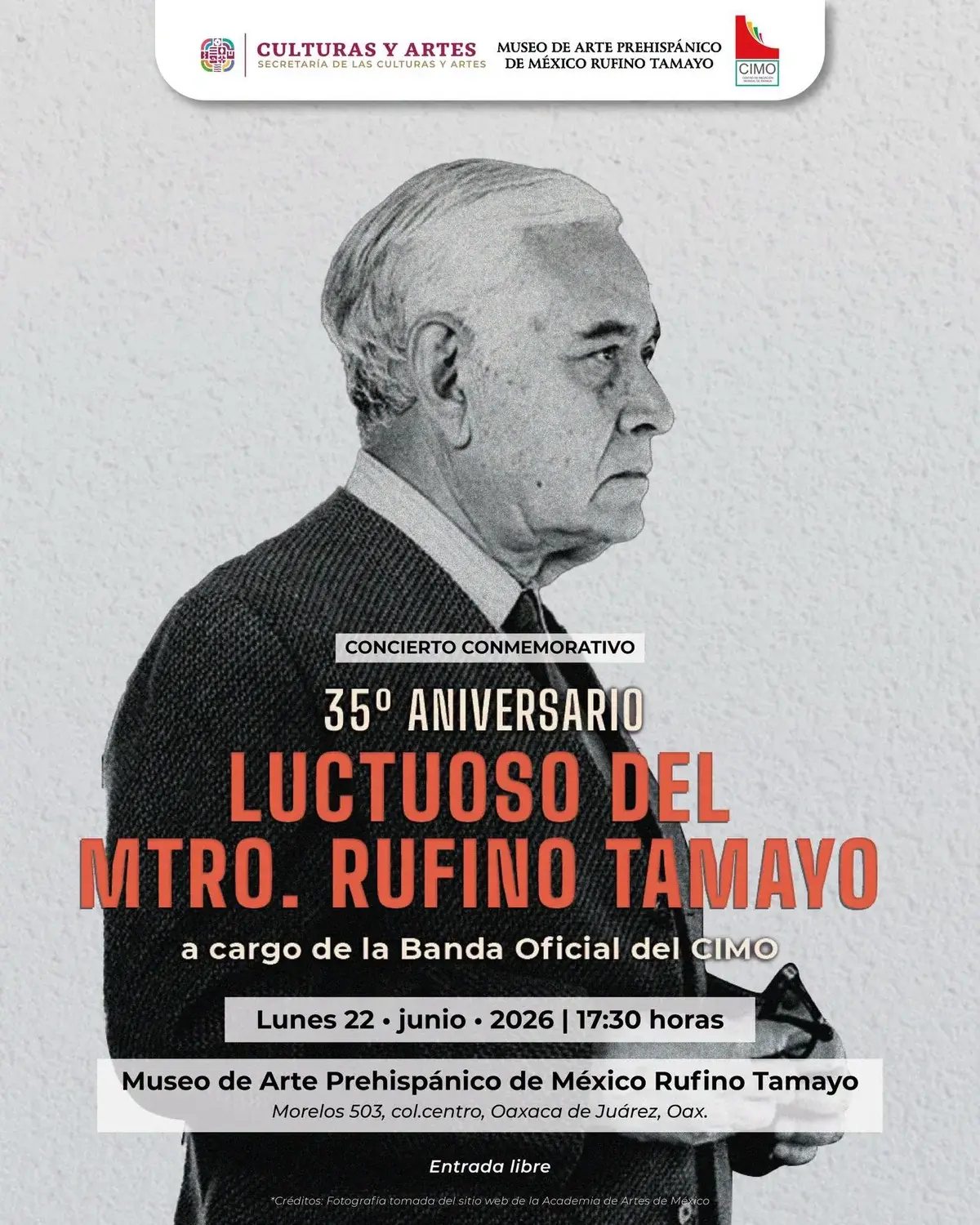 Flyer del evento: Concierto Conmemorativo a cargo de la Banda Oficial del CIMO
