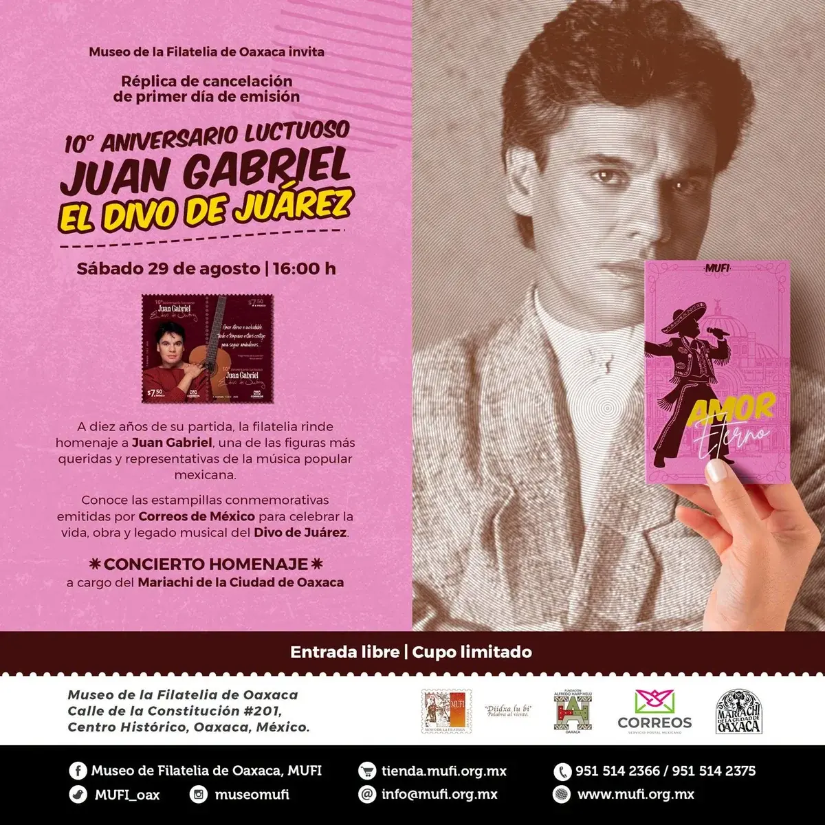 Flyer del evento: Réplica de cancelación de primer día de emisión: Juan Gabriel el Divo de Juárez