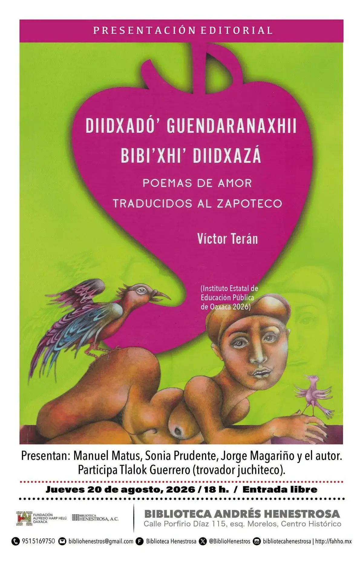 Flyer del evento: Book Presentation: “Diidxadó guendaranaxhii bibi'xhi' diidxazá” by Victor Terán
