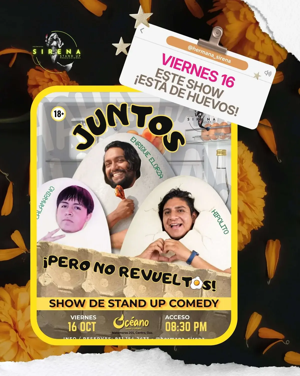 Flyer del evento: “Juntos” Stand-up Comedy Show by Calamarino, Enrique Elorza & Hipolito