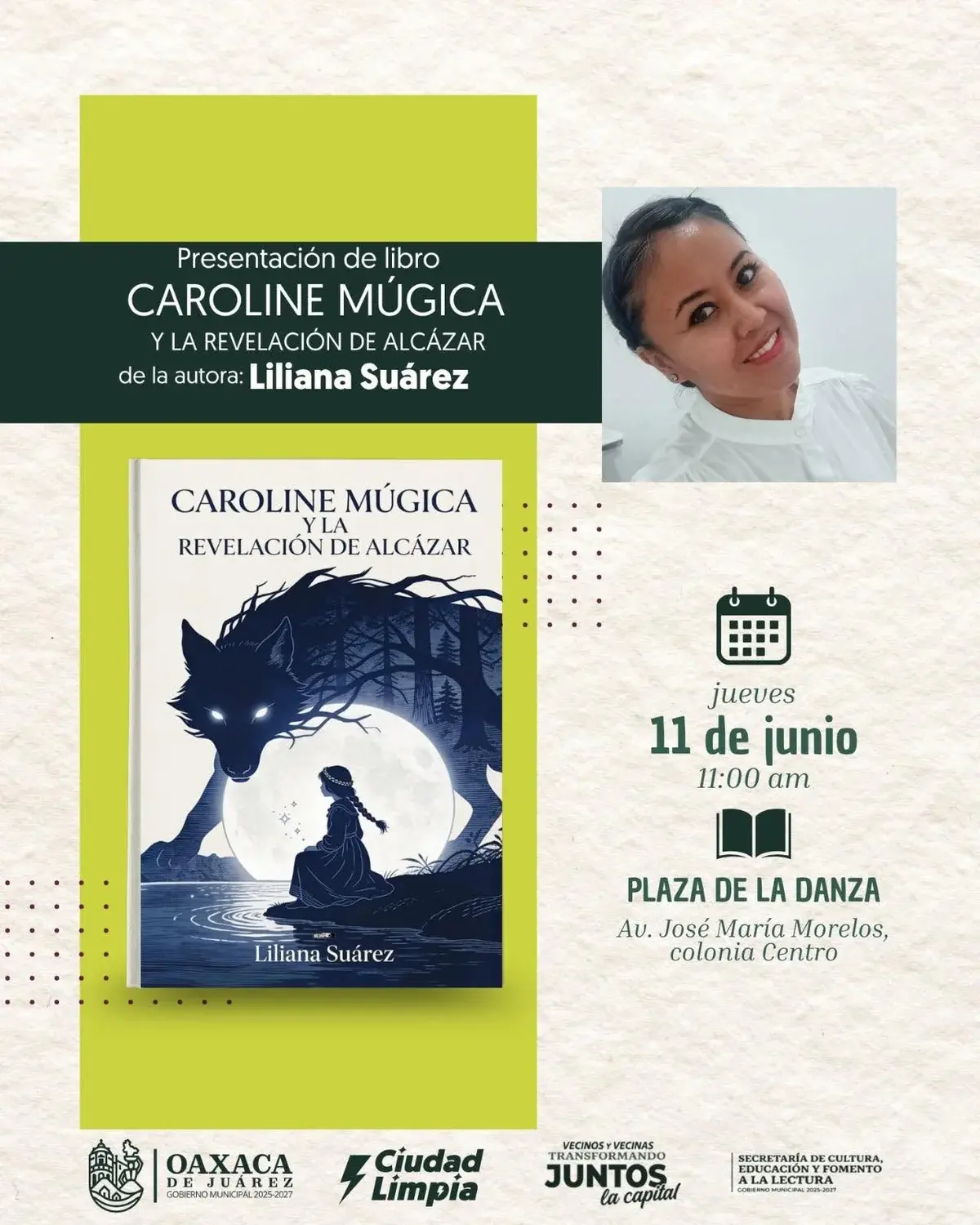 Flyer del evento: “Caroline Múgica y la Revelación de Alcázar” de Liliana Suárez