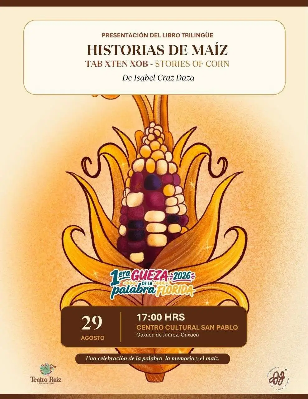 Flyer del evento: “Historias de Maíz” de Isabel Cruz Daza