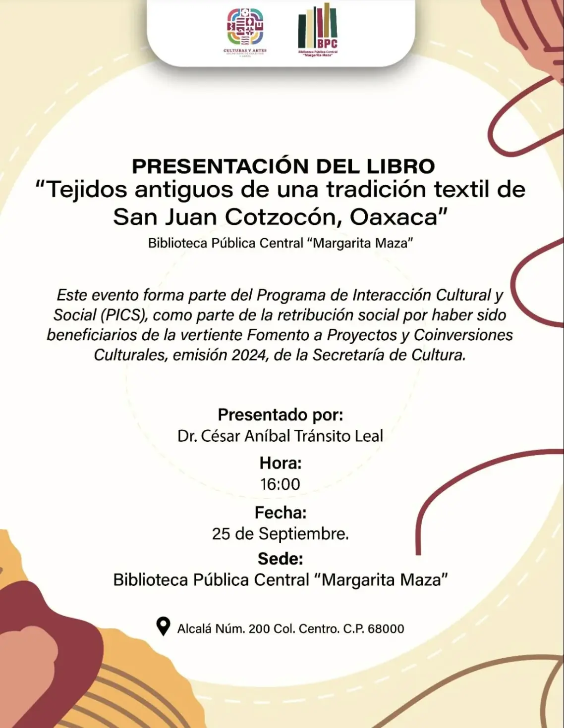 Flyer del evento: “Tejidos antiguos de una tradición textil de San Juan Cotzocón, Oaxaca”