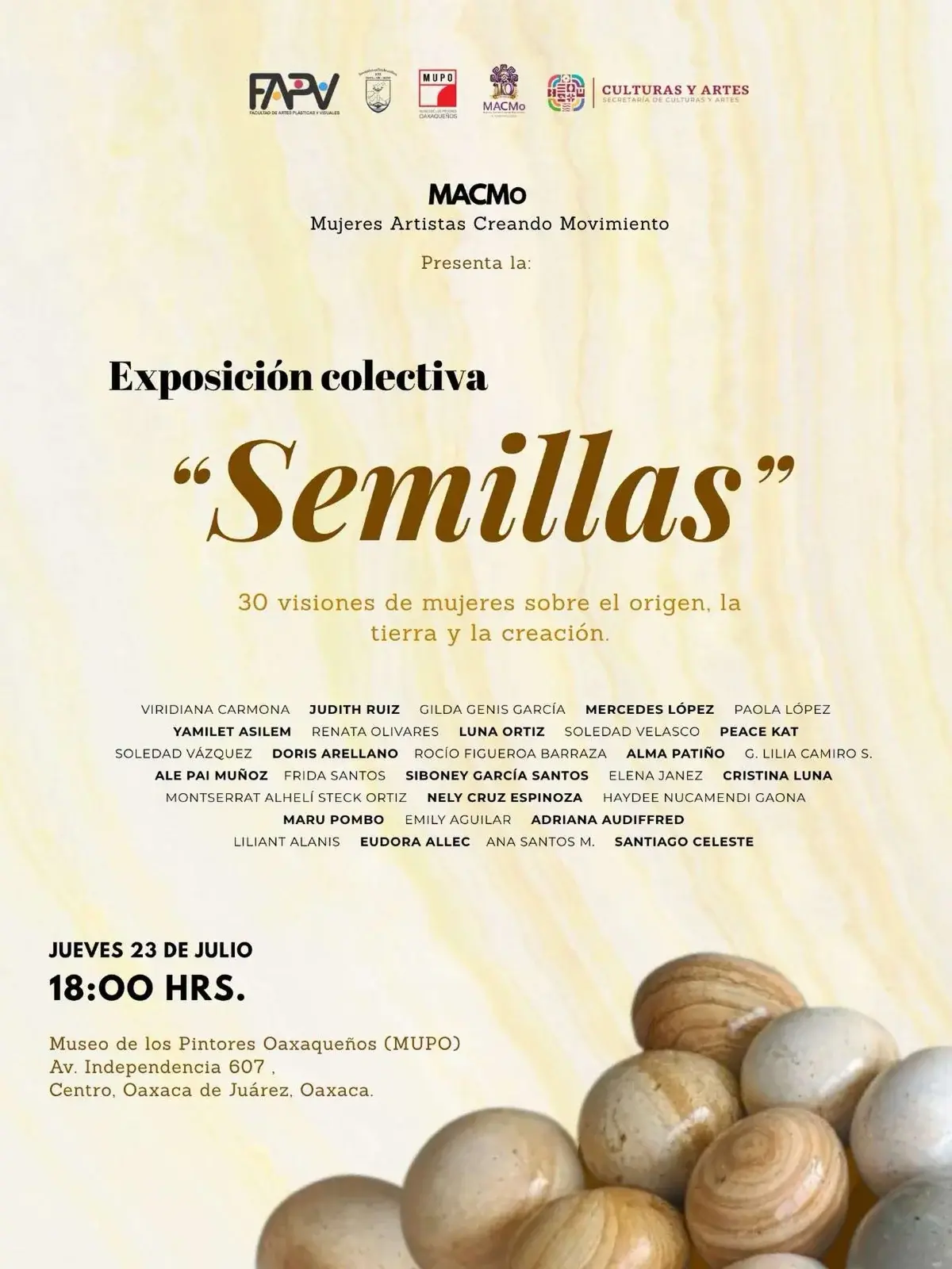 Flyer del evento: “Semillas: 30 visiones de mujeres sobre el origen, la tierra y la creación”