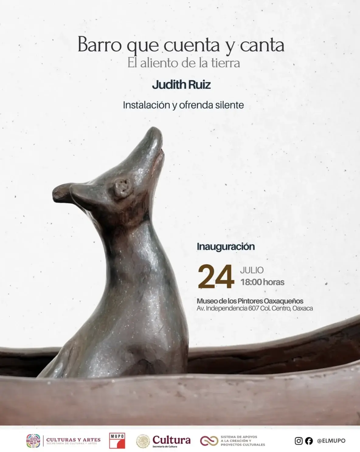 Flyer del evento: “Barro que cuenta y canta, el aliento de la tierra” de Judith Ruiz