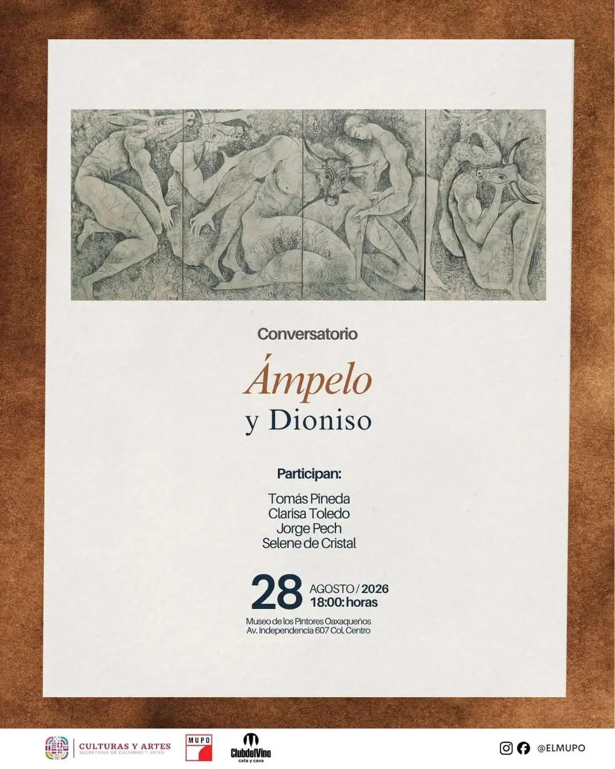 Flyer del evento: Conversatorio “Ámpelo y Dioniso”
