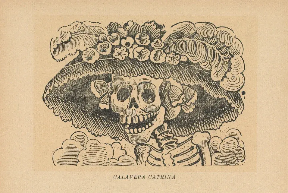La Calavera Garbancera (ca. 1910–1913), ilustración satírica de José Guadalupe Posada. Grabado que retrataba a la élite porfiriana. Dominio público.