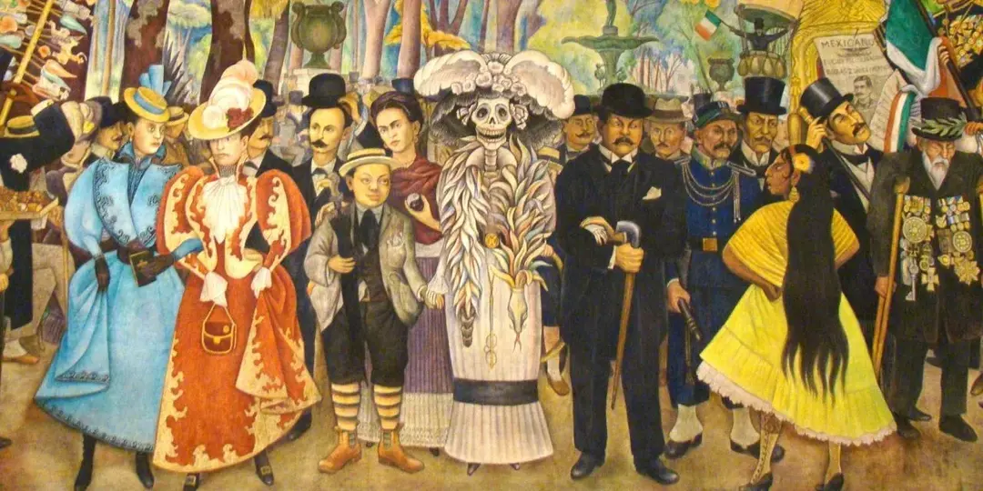 Detalle de La Catrina en el mural Sueño de una Tarde Dominical en la Alameda Central (1947), Diego Rivera.